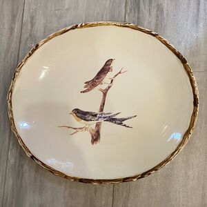Jeremie Rustic Ceramic Rounded Oval Platter with Birds and Wood-Like Edge